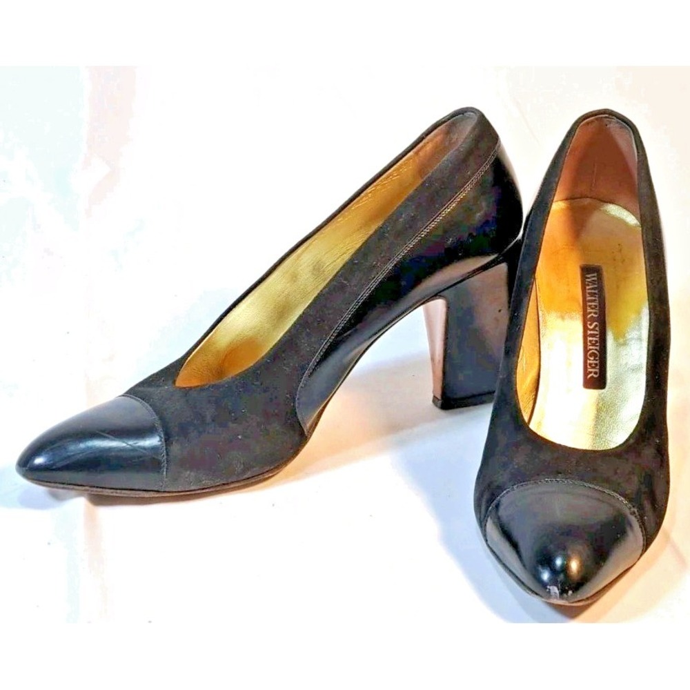 Walter Steiger Black Suede Patent Leather‎ Cap Toe Block Heel Pumps 8 AA Italy